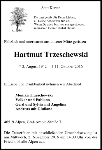 Traueranzeige von Hartmut Trzeschewski von Tageszeitung