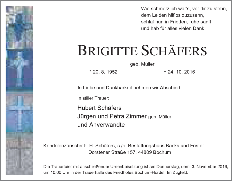  Traueranzeige für Brigitte Schäfers vom 29.10.2016 aus Tageszeitung