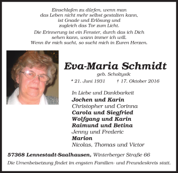 Traueranzeige von Eva-Maria Schmidt von Tageszeitung