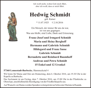 Traueranzeige von Hedwig Schmidt von Tageszeitung