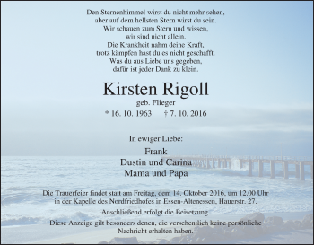 Traueranzeige von Kirsten Rigoll von Tageszeitung