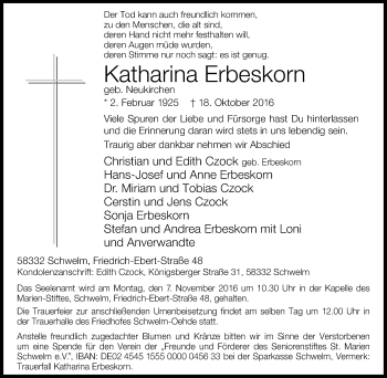 Traueranzeige von Katharina Erbeskorn von Tageszeitung