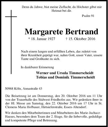 Traueranzeige von Margarete Bertrand von Tageszeitung