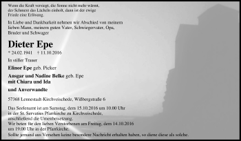 Traueranzeige von Dieter Epe von Tageszeitung