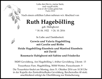 Traueranzeige von Ruth Hagebölling von Tageszeitung