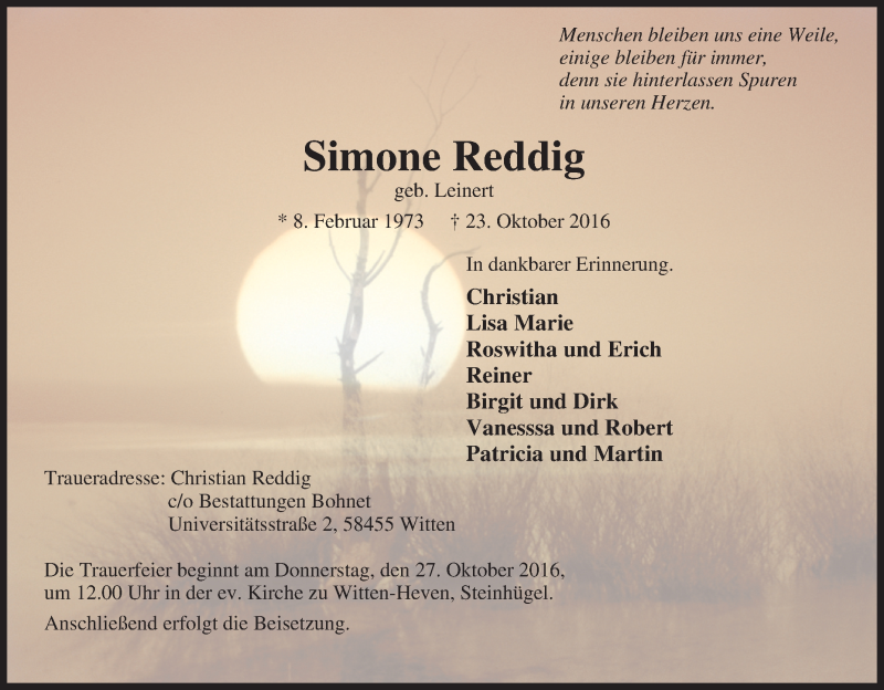  Traueranzeige für Simone Reddig vom 25.10.2016 aus Tageszeitung