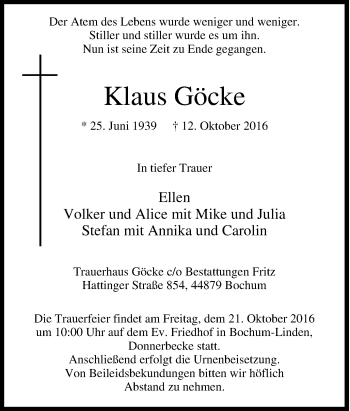 Traueranzeige von Klaus Göcke von Tageszeitung