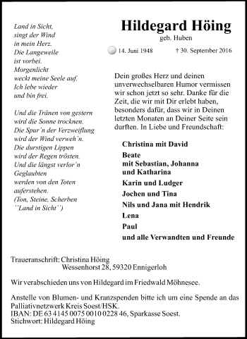 Traueranzeige von Hildegard Höing von Tageszeitung