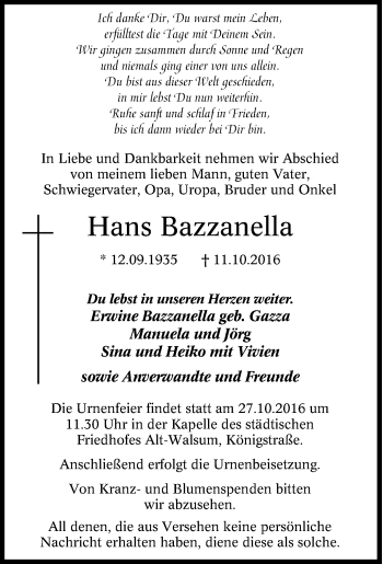 Traueranzeige von Hans Bazzanella von Tageszeitung