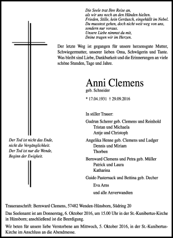 Traueranzeige von Anni Clemens von Tageszeitung