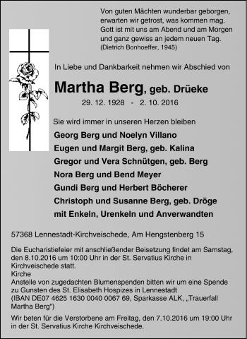 Traueranzeige von Martha Berg von Tageszeitung