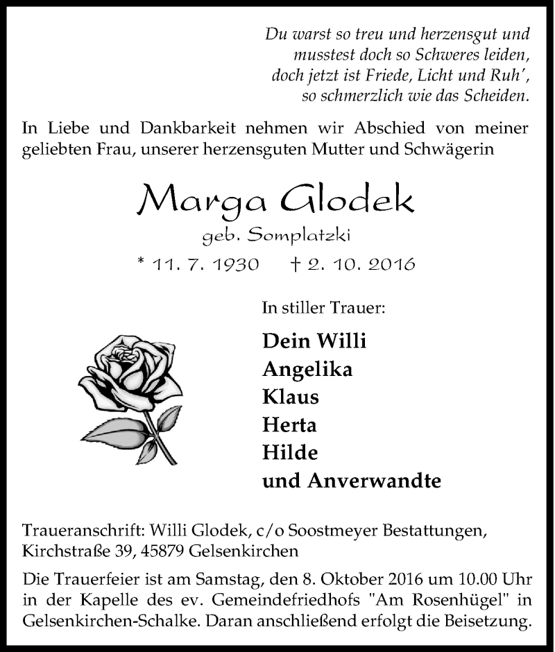  Traueranzeige für Marga Glodek vom 06.10.2016 aus Tageszeitung