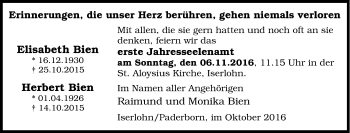 Traueranzeige von Elisabeth, Herbert Bien von Tageszeitung