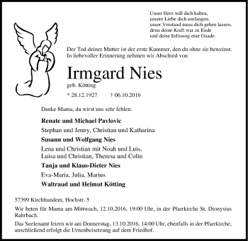 Traueranzeige von Irmgard Nies von Tageszeitung