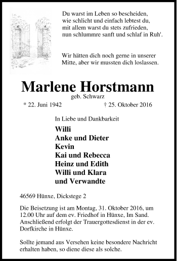 Traueranzeige von Marlene Horstmann von Tageszeitung