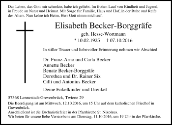 Traueranzeige von Elisabeth Becker-Borggräfe von Tageszeitung