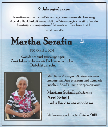 Traueranzeige von Martha Serafin von Tageszeitung