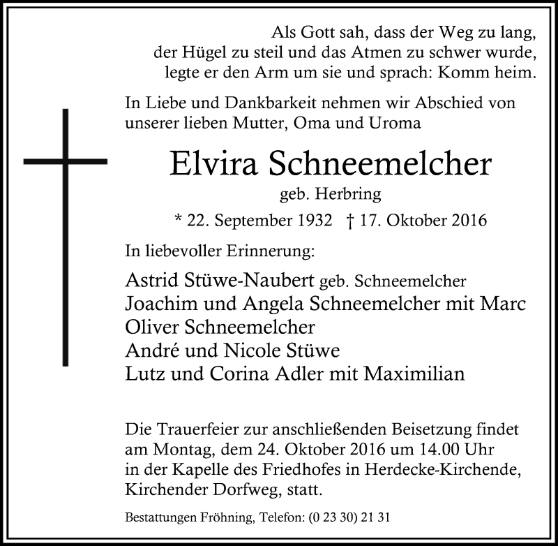  Traueranzeige für Elvira Schneemelcher vom 19.10.2016 aus Tageszeitung