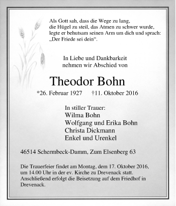Traueranzeige von Theodor Bohn von Tageszeitung