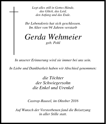 Traueranzeige von Gerda Wehmeier von Tageszeitung