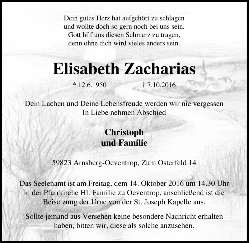  Traueranzeige für Elisabeth Zacharias vom 10.10.2016 aus Tageszeitung