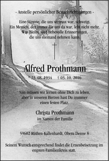 Traueranzeige von Alfred Prothman von Tageszeitung