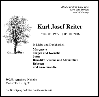 Traueranzeige von Karl Josef Reiter von Tageszeitung