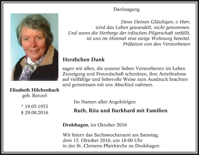  Traueranzeige für Elisabeth Hilchenbach vom 12.10.2016 aus Tageszeitung
