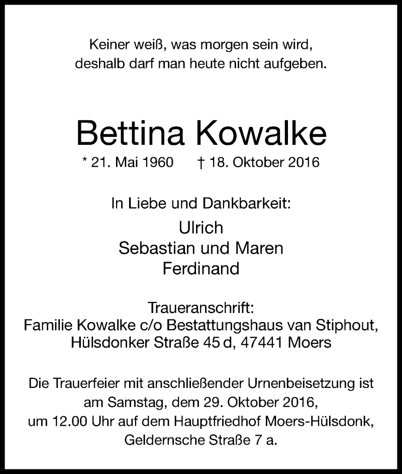  Traueranzeige für Bettina Kowalke vom 24.10.2016 aus Tageszeitung