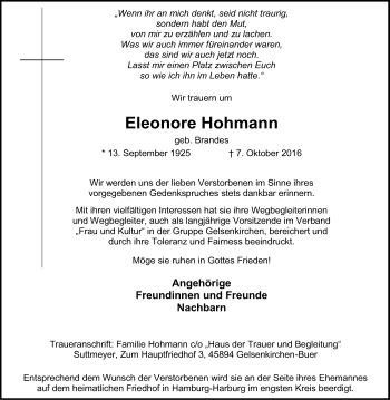 Traueranzeige von Eleonore Hohmann von Tageszeitung