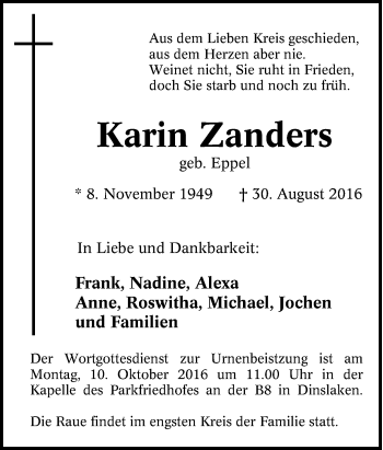 Traueranzeige von Karin Zanders von Tageszeitung