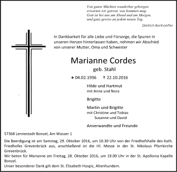 Traueranzeige von Marianne Cordes von Tageszeitung