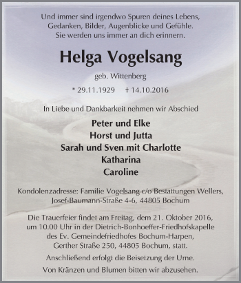 Traueranzeige von Helga Vogelsang von Tageszeitung