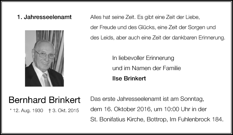 Traueranzeige für Bernhard Brinkert vom 11.10.2016 aus Tageszeitung