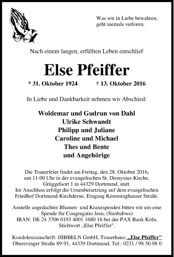 Traueranzeige von Else Pfeiffer von Tageszeitung