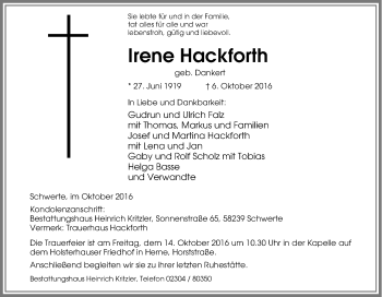 Traueranzeige von Irene Hackforth von Tageszeitung