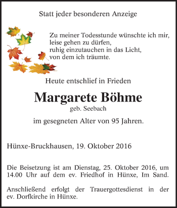 Traueranzeige von Margarete Böhme von Tageszeitung