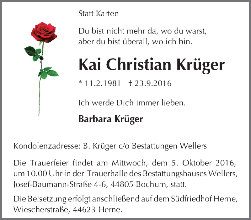  Traueranzeige für Kai Christian Krüger vom 03.10.2016 aus Tageszeitung