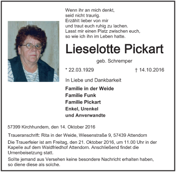 Traueranzeige von Lieselotte Pickart von Tageszeitung