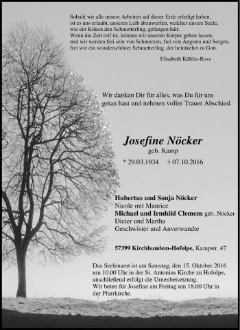 Traueranzeige von Josefine Nöcker von Tageszeitung