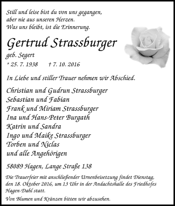 Traueranzeige von Gertrud Strassburger von Tageszeitung