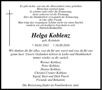 Traueranzeige von Helga Koblenz von Tageszeitung