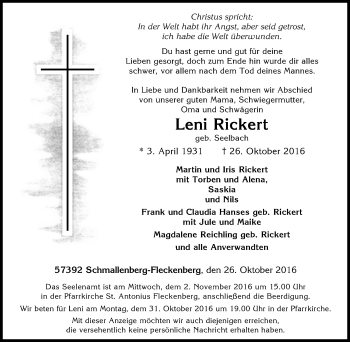 Traueranzeige von Leni Rickert von Tageszeitung