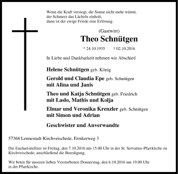 Traueranzeige von Theo Schnütgen von Tageszeitung