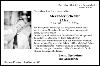 Traueranzeige von Alexander Schedler von Tageszeitung