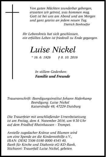 Traueranzeige von Luise Nickel von Tageszeitung