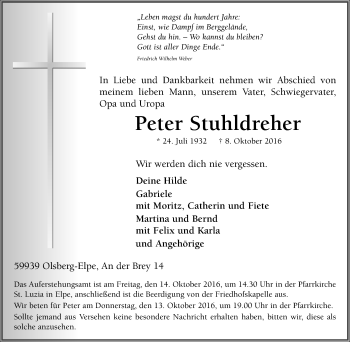 Traueranzeige von Peter Stuhldreher von Tageszeitung