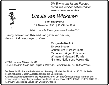 Traueranzeige von Ursula van Wickeren von Tageszeitung