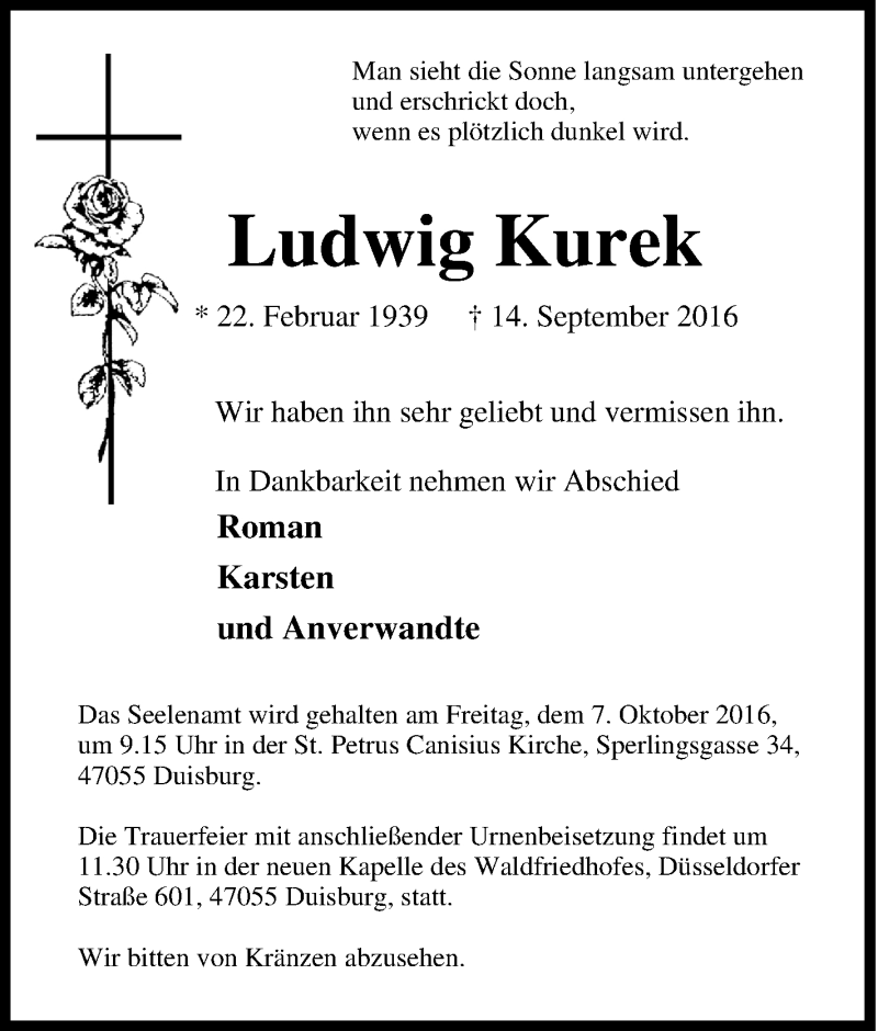 Traueranzeigen Von Ludwig Kurek Trauer In Nrwde 7370