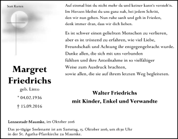 Traueranzeige von Margret Friedrichs von Tageszeitung